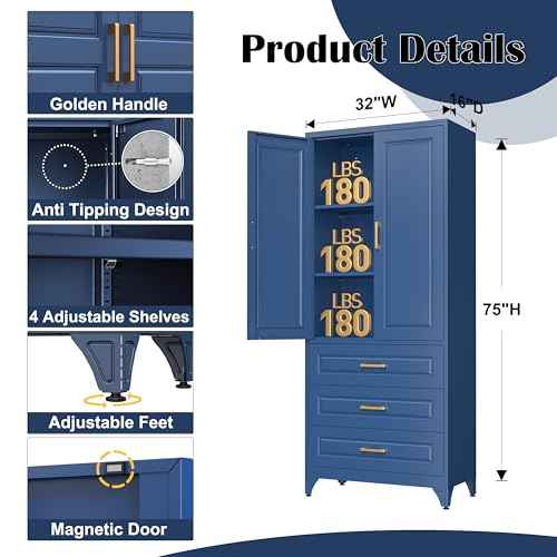 75" Metal Storage Cabinet with Doors and 2 Adjustable Shelves