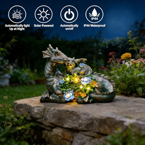 JOYBEE Dragon Solar Garden Statues Outdoor Decoration with Succulent and 6 LED Lights