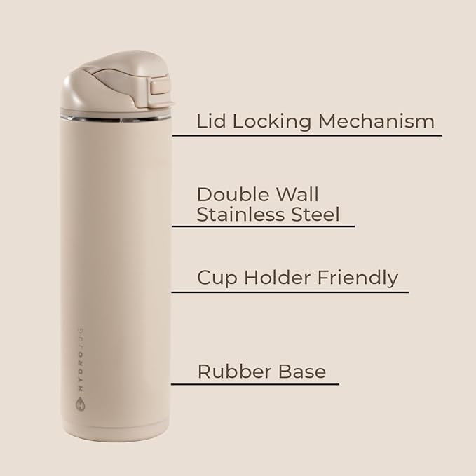 HydroJug Ease2o Water Bottle with Straw & Chug Lid, Stainless Steel, Vented Cap to Help Reduce Pressure, Water-Level Window, Cup Holder Friendly, Non-Slip Base – 24oz, Dune