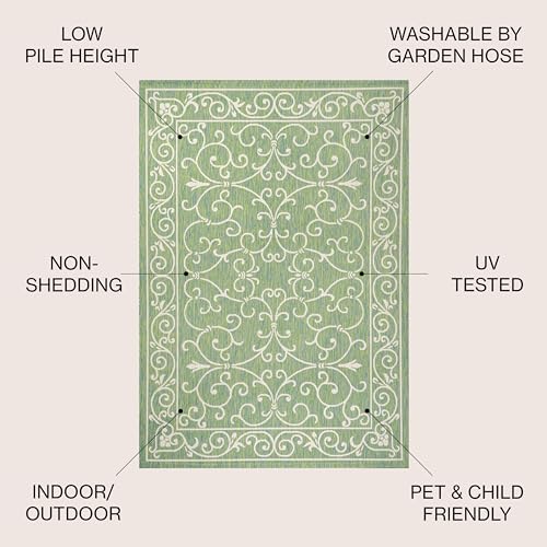 Vintage Filigree Indoor Outdoor Square Area Rug 5X5 Green