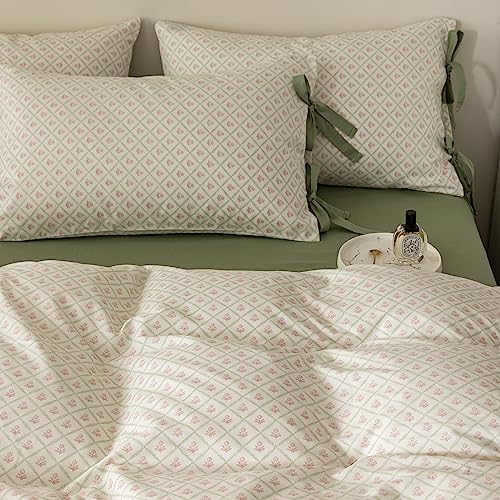 Pink Flower Comforter Set Twin XL 3 Pieces Chic Plaid Grid Comforter with 2 Bow Ties Pillowcases Cute Botanical Cottagecore Bedding Set Girls Coquette Bedding Comforter Twin XL Comforter Set