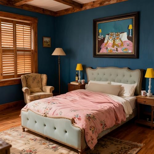 Framed Funny Tiger Pizza Wall Art Dark Brown Frame Bedroom Picture Print Vintage Fun Tigers Couple Canvas Wall Decor Maximalist Blue Pink Eclectic Jungle Animal Paintings