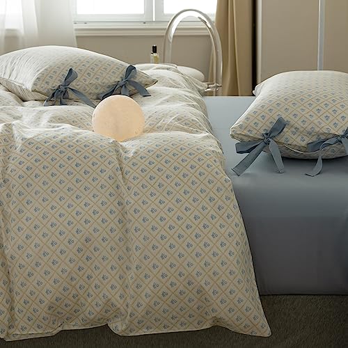 Blue Floral Comforter Queen Comforter Set Cute Blue Flower Bedding Comforter Set for Kids Girls Chic Floral Cottagecore Bedding Set Vintage Botanical Comforter with 2 Bowknot Bow Tie Pillowcases (3 Piece Set)