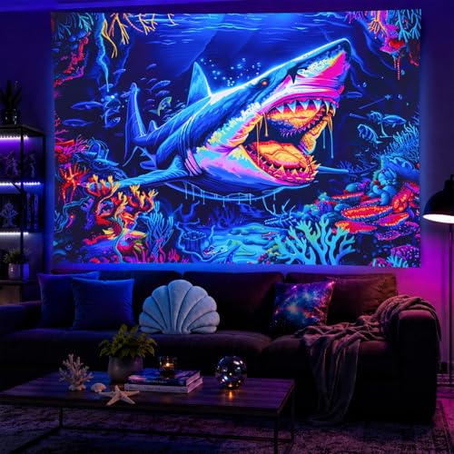 Blacklight Tapestry Ocean Shark UV Backdrop 78 x 59 Inch