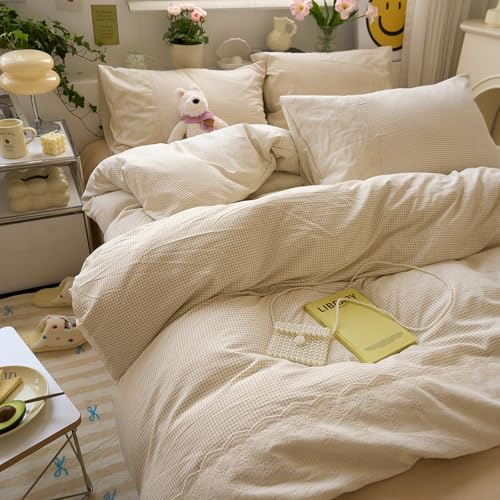 Tan Gingham Comforter Set Full Romantic Lace Style Beige Taupe Plaid Comforter Set 3 Pieces Vintage Checkered Grid Comforter with 2 Pillowcases Fluffy Soft Farmhouse Gingham Bedding Set
