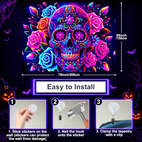 Blacklight Tapestry Sugar Skull Wall Hanging 78 x 59 Inch