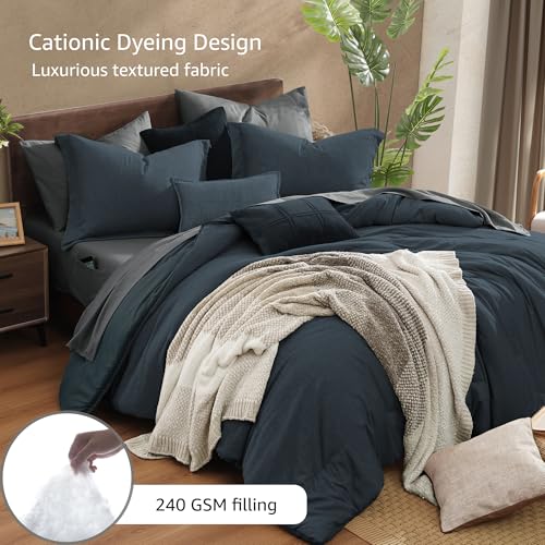 King Comforter Set 7 Pieces Navy Blue Cationic Dyeing Bed in a Bag