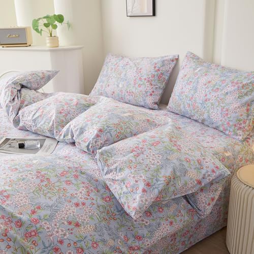 Blue Floral Queen Comforter Set Vintage Botanical Flowers Bedding Set