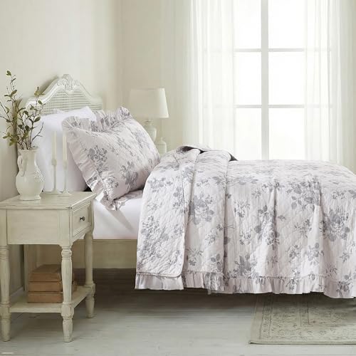 Greyish Blue Ruffled Quilt Twin Size with 1 Pillow Sham (2 Count)