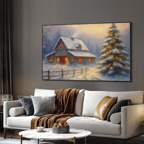 30"x60" Extra Large Framed Wall Art Rustic Winter Cabin with Christmas Tree and Snowy Landscape for Home Living Room Bedroom Decor
