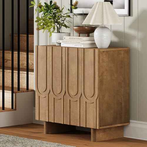 Kelly Mid Century Style Credenza with Geometric Carved Doors