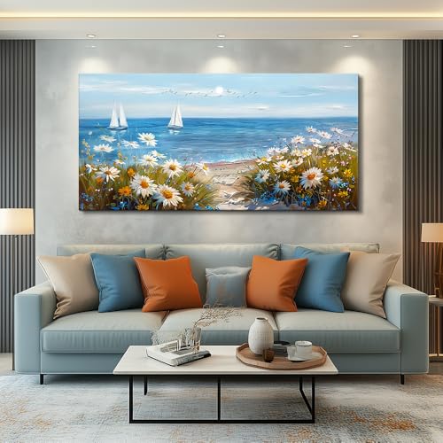 Large Blue Ocean Landscape Canvas Printing Picture Wall Art For Living Room Farmhouse Dinin Mural White Flowers Bedroom Office Wall Decor Home Decor Painting Easy To Hang 30x60 Inches
