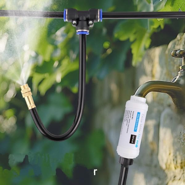 Mornajina Automatic Drip Irrigation Kits Garden Irrigation System, Includes Calcium Inhibitor Filter & 50FT 5/16 inch Irrigation Tubing Hose & 15Pcs 360° Bending Dropper Atomizing Mist Nozzles Tee