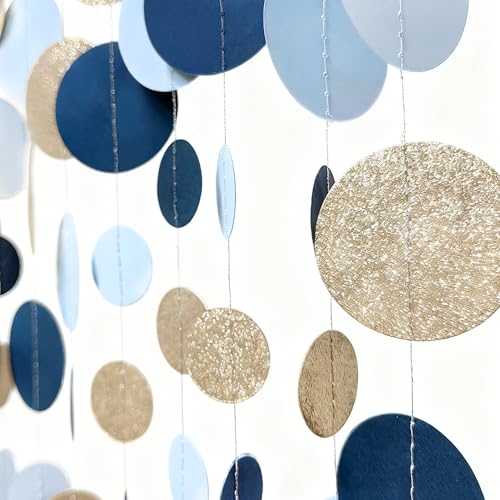 Navy Blue Champagne Gold Polka Dots Garland Hanging Paper Circle Dot Streamer for Birthday Wedding Shower Graduation Engagement Bridal Shower Bachelorette Retirement Party Decorations Supplies