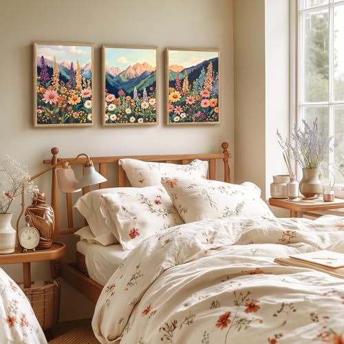 Wood Framed Boho Moutain Wildflower Wall Art Set of 3 (3 Count)