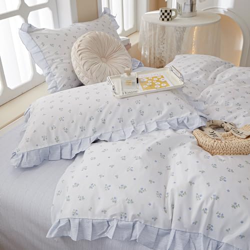 Reversible Ruffle Comforter Set Full Size Vintage Botanical Floral Bedding Comforter with 2 Pillowcases Boho Blue Floral Comforter Girls Flowers Coquette Bedding Set Fluffy Farmhouse Bed Comforter Set