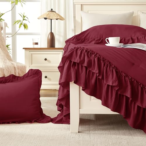 Burgundy Twin Size Ruffle Comforter Set