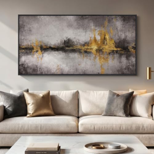 Large Framed Black Grey and Gold Abstract Wall Art for Living Room