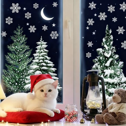 Christmas Window Clings for Glass 9 Sheet Xmas Tree Window Decals with Snowflake Designs Window Stickers Winter Windows Cling for Party Supplies Home School Office Glass Decorations (9 Count)