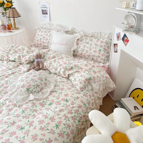 Queen Comforter Set Romantic Ruffle Pink Floral Bedding Comforter with 2 Pillowcases Vintage Botanical Flowers Comforter Set Farmbouse Cottagecore Bedding Ruffle Comforter for All Seasons