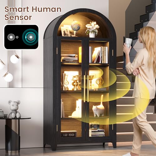71" Arched Kitchen Pantry Storage Cabinet with Glass Doors