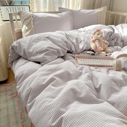 Purple Gingham Comforter Set Twin XL Fluffy Soft Princess Style Girls Lace Bedding Set Cottagecore Cute Plaid Checkered Comforter with 2 Pillowcases Chic Gingham Bedding Grid Comforter Set