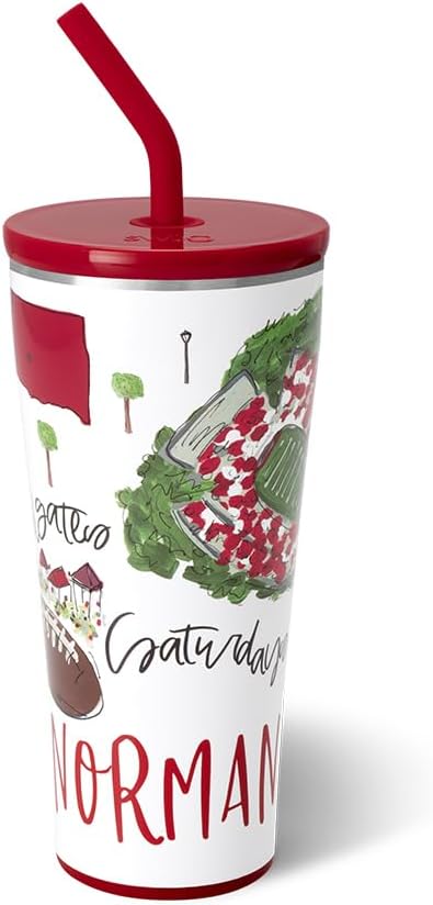Swig Life 32oz Straw Tumbler, Travel Coffee Tumbler with Lid, Cup Holder Friendly Travel Coffee Mug, Stainless Steel, 32 oz Reusable Insulated Coffee Mug (Saturdays In Norman)