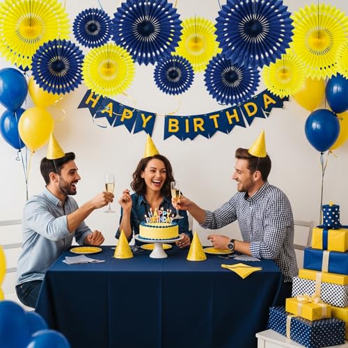 Honeycomb Round Paper Fans Blue Yellow Hanging Party Decoration (12 Count)