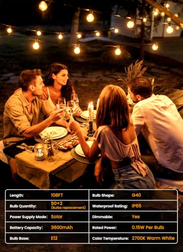 108FT 52LED Solar String Lights Outdoor with Remote & USB Port (108 Foot)