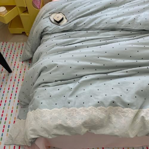 Lace Comforter Set Full Size Cute Black Dots Bedding Set Lightweight Soft Girls Princess Style Comforter with 2 Pillowcases Romantic Lace Design Chic Polka Dots Comforter Set for All Seasons