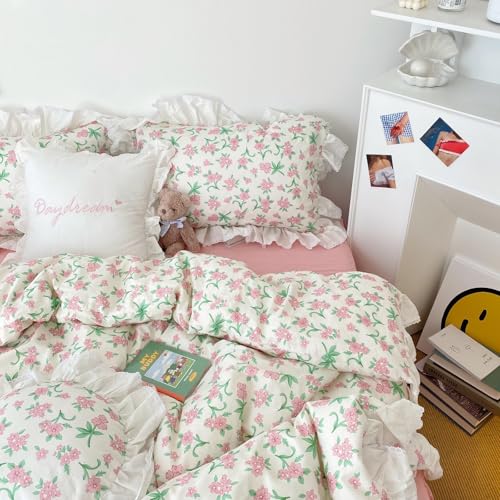 Queen Comforter Set Romantic Ruffle Pink Floral Bedding Comforter with 2 Pillowcases Vintage Botanical Flowers Comforter Set Farmbouse Cottagecore Bedding Ruffle Comforter for All Seasons