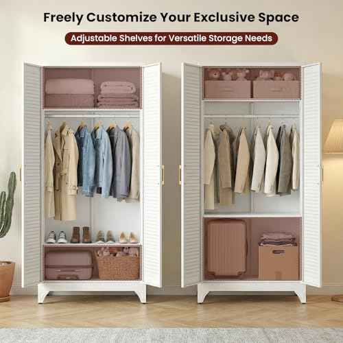 71" Tall White Wardrobe Closet with Door and Adjustable Shelves