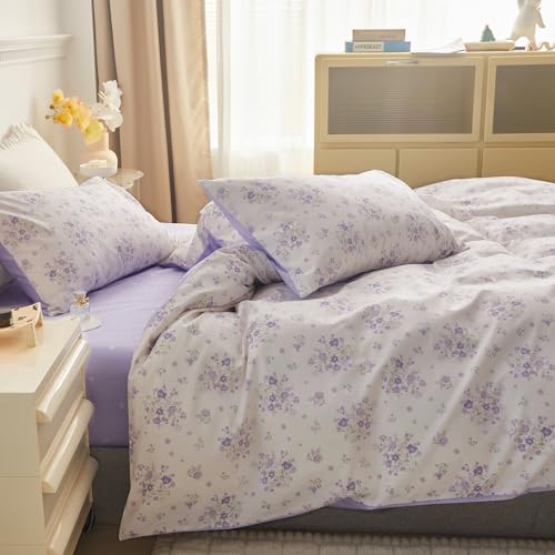 Purple Floral Comforter Set Full Size White Garden Style Floral Printed Bedding Comforter Vintage Flowers Botanical Comforter with 2 Pillowcases Cottagecore Full Bed Comforter Set for All Season