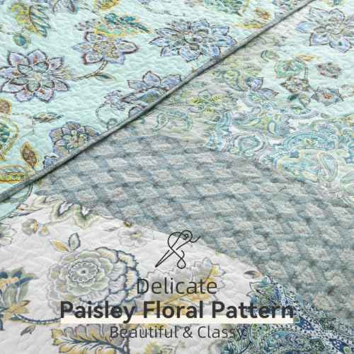 3 Piece Quilt Set Queen Size Patchwork Paisley Turquoise Floral
