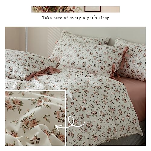 Vintage Floral White Comforter Set King Vibrant Colors Garden Flower Leaves Comforter Set for Girls Women Floral Botanical Pink Comforter Set 1 Flower Comforter with 2 Bow Ties Pillowcases All Season