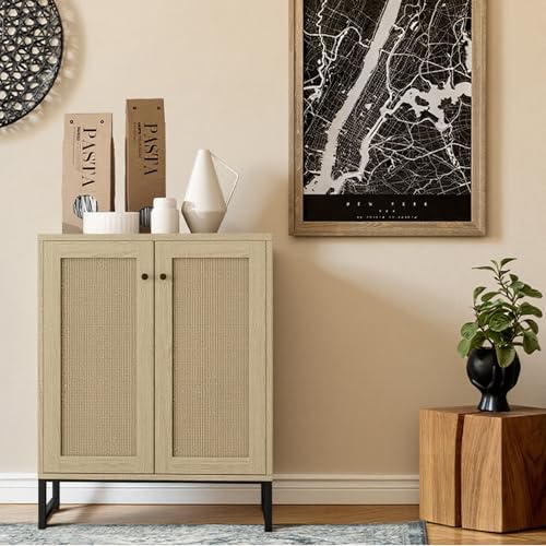 Rattan Decorated 2 Doors Storage Cabinet Accent Cabinet Living Room Cupboard Kitchen Sideboard Buffet Table