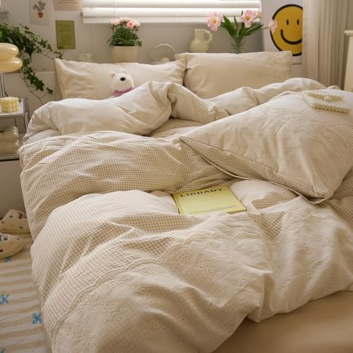 Tan Gingham Comforter Set Full Romantic Lace Style Beige Taupe Plaid Comforter Set 3 Pieces Vintage Checkered Grid Comforter with 2 Pillowcases Fluffy Soft Farmhouse Gingham Bedding Set