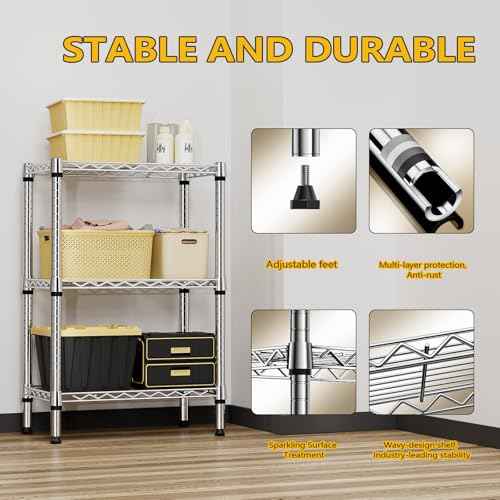 750 lbs 3 Tier Shelf Metal Storage Shelves Shelving Wire Rack Heavy Duty Closet Organizers for Garage Kitchen Bathroom Laundry Chrome 13.8" D x 23.6" W x 35.5" H (3 Count)
