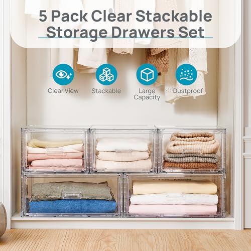 5 Pack Large & Medium Storage Stackable Drawers Set (5 Count)