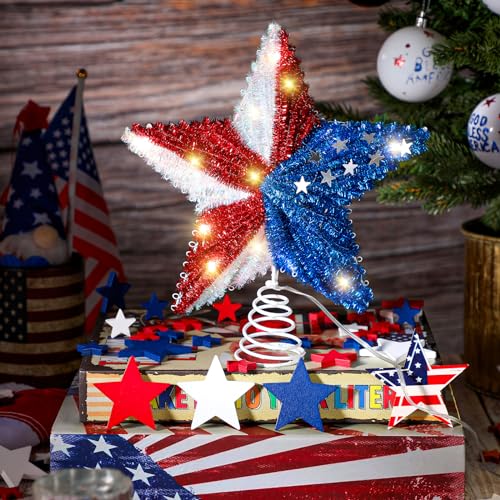 4th of July Star Tree Topper 250 Anniversary 9'' Independence Day Tree Decoration 3D Star Topper with Lights Party Decoration for 4th of July Holiday Outdoor Party Gift