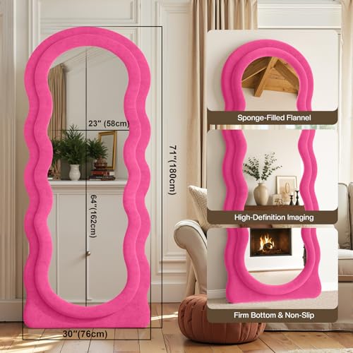 Full Length Mirror 71"x30" Irregular Wavy Full Body Wall Mounted Floor Mirror with Stand Hot Pink Flannel Frame Leaning Hanging Wall for Bedroom Entrance Hallway