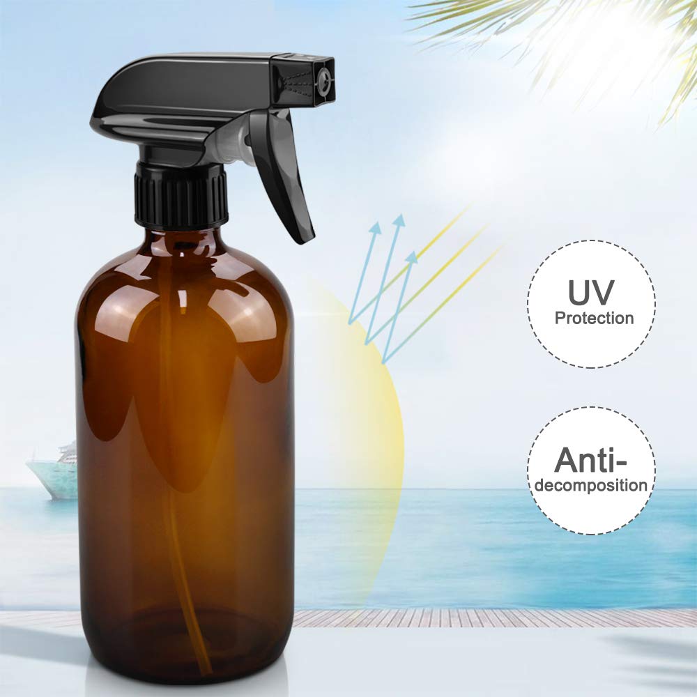 Glass Spray Bottles, 16oz Amber Glass Spray Bottles with Labels & Adjustable Nozzle, Reusable Containers for Cleaning, BBQ, Food, Plants, Alcohol, Essential Oils(1 Pack)
