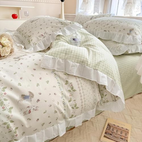 Botanical Floral Comforter Set Full Size Cute Flower Leaves Rabbit Pattern Comforter Reversible Green Plaid Comforter Girls Princess Bedding Set Lace Ruffle Comforter Set for Kids Teen Girls (3 Count)
