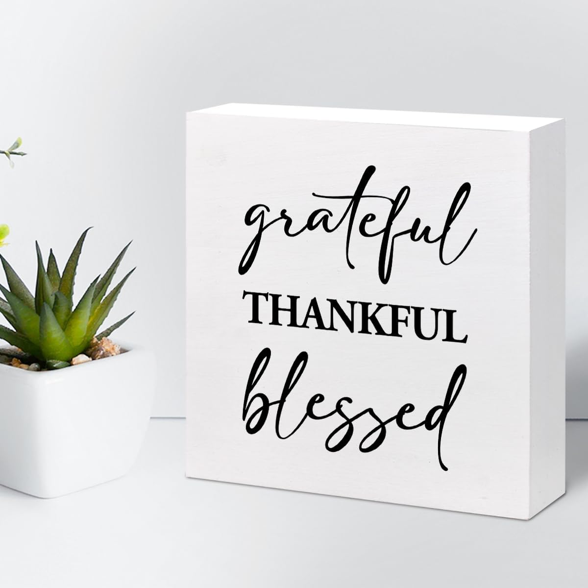 Grateful Thankful Blessed Motivational Wood Box Sign,Inspirational Wooden Block Sign for Home Bedroom Farmhouse Wall Shelf Table Decor