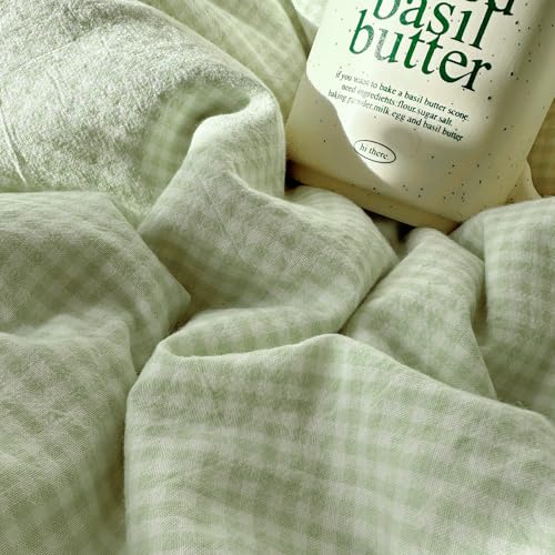 Green Gingham Comforter Set King Romantic Lace Style Vintage Checkered Plaid Comforter Set 3 Pieces Green Grid Comforter with 2 Pillowcases Soft Fluffy Farmhouse Gingham Bedding Set King