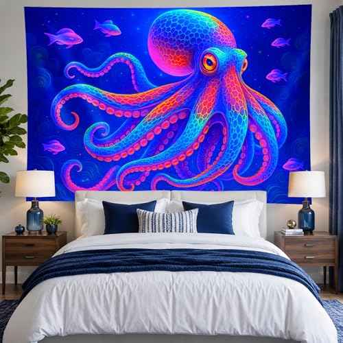 Blacklight Tapestry Octopus Ocean Glow Backdrop 78 x 59 Inch
