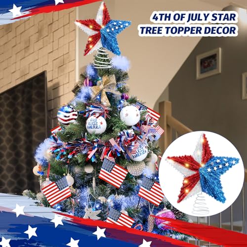 4th of July Star Tree Topper 250 Anniversary 9'' Independence Day Tree Decoration 3D Star Topper with Lights Party Decoration for 4th of July Holiday Outdoor Party Gift