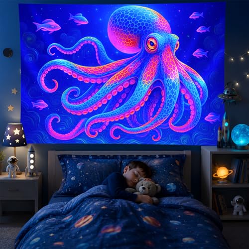 Blacklight Tapestry Octopus Ocean Glow Backdrop 78 x 59 Inch