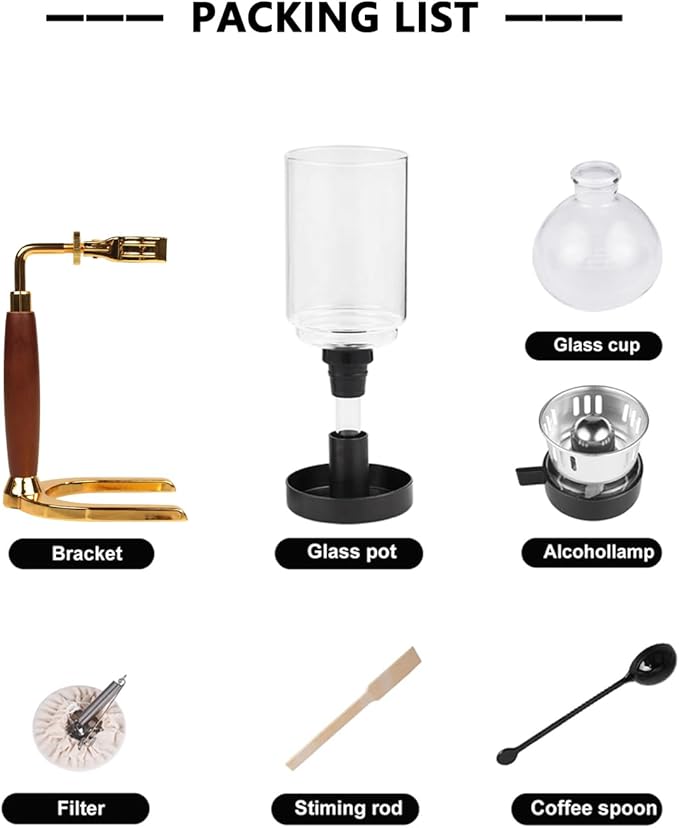 Vacuum Coffee Maker, Manual Siphon Coffee Brewer 3-Cup (360ml) with Alcohol Burner, Adjustable Buffer Clamp, Stainless Steel Bracket Base for Coffee Aficionados