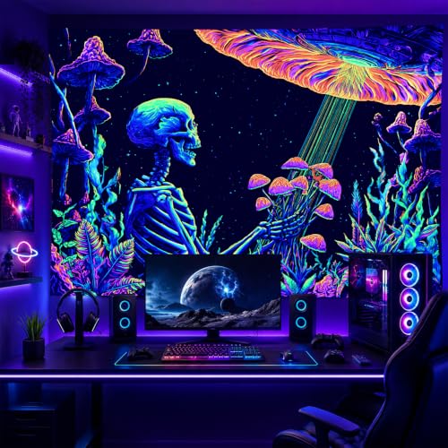 Blacklight Tapestry Skeleton UFO Glow Backdrop 78 x 59 Inch